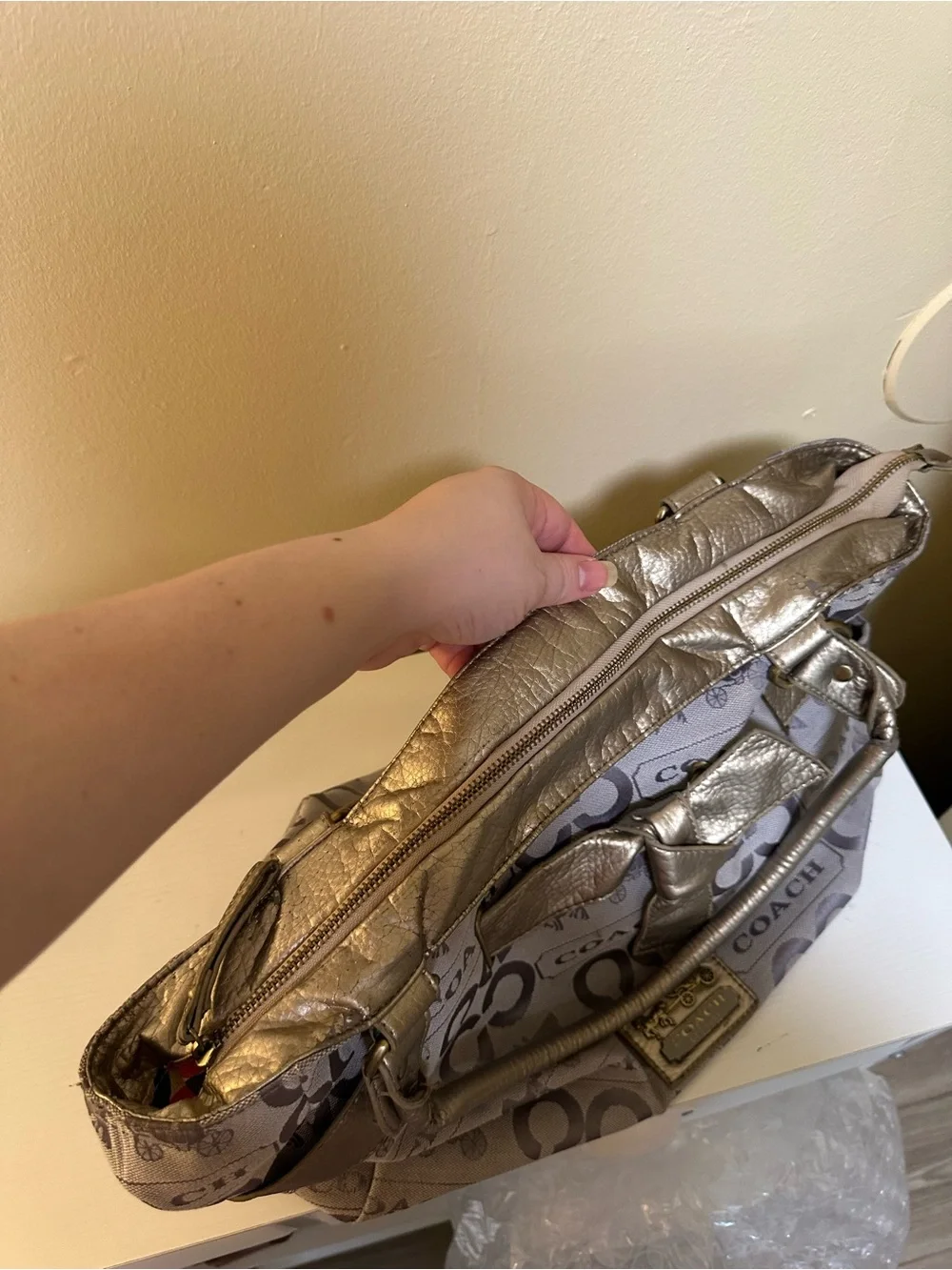 Coach Taupe Signature Tote with Metallic Gold Bow Accents